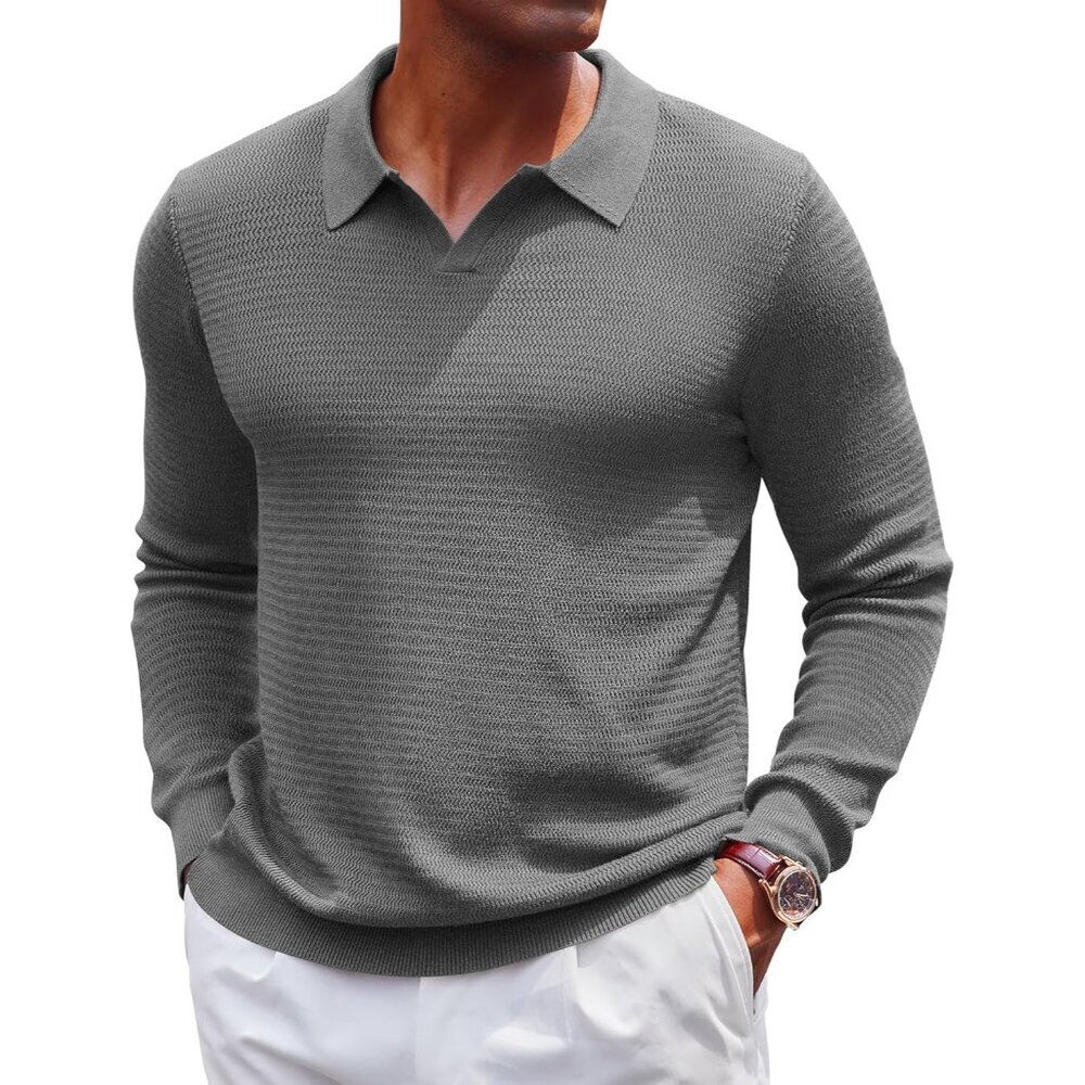 Men's Knit Polo Sweater V-Neck Long Sleeve Dress Pullover Fall Sweater Dark Grey